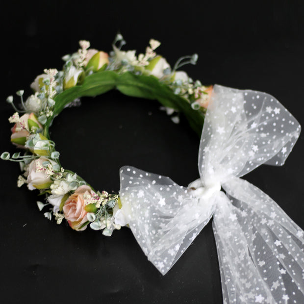 Sweet flower garland rose bud draped in gauze flower crown