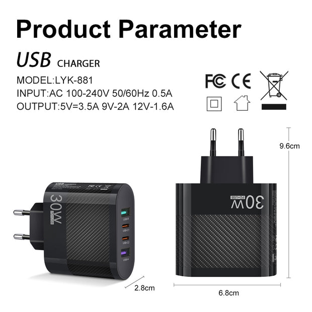 2USB Type-C 30W Mobile Phone Charger