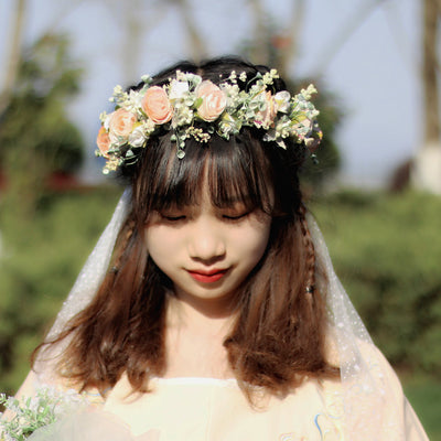 Sweet flower garland rose bud draped in gauze flower crown