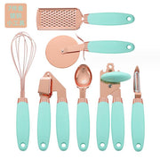 7 Pcs Kitchen Gadget Set Copper Coated Stainless Steel Utensils with Soft Touch Rose Gold Garlic Press Pizza Cutter