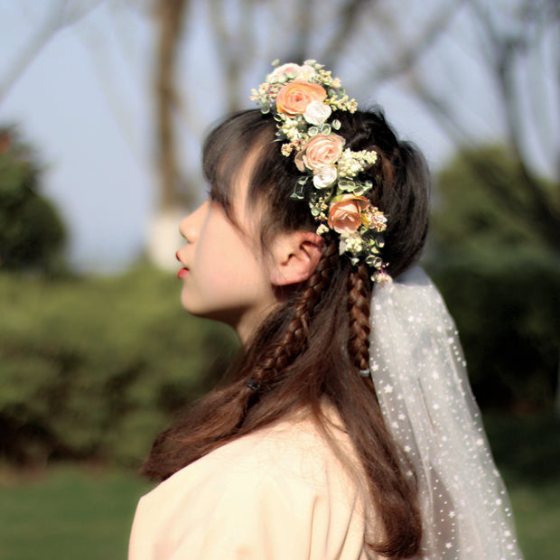 Sweet flower garland rose bud draped in gauze flower crown