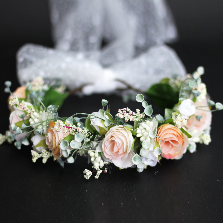 Sweet flower garland rose bud draped in gauze flower crown