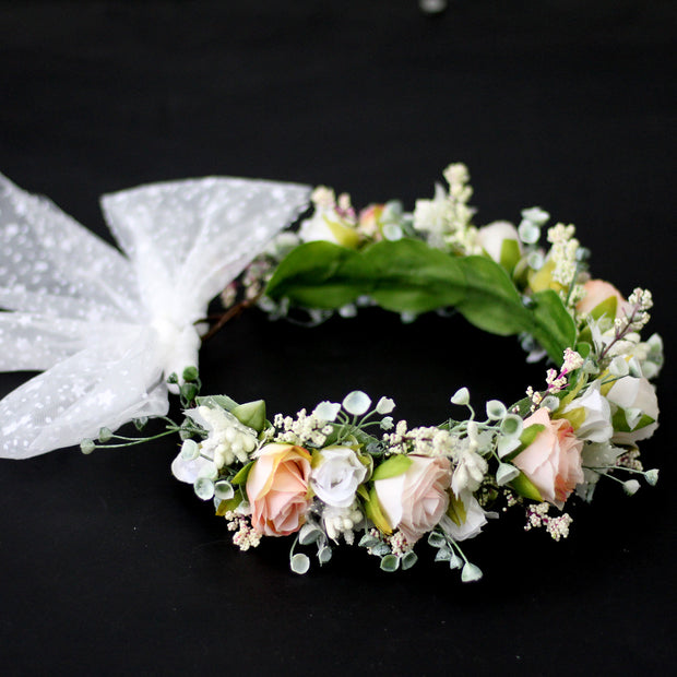 Sweet flower garland rose bud draped in gauze flower crown